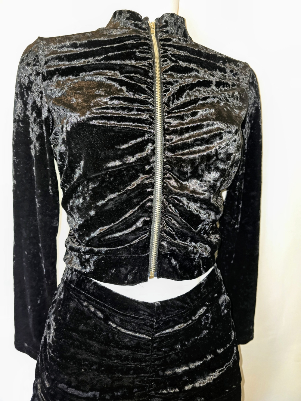 Black Velvet Ruched Zip-Front Two-Piece Set